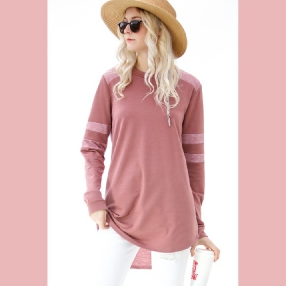 Long Stripe Sleeve Casual Top Pink High Low - Picture 3 of 8